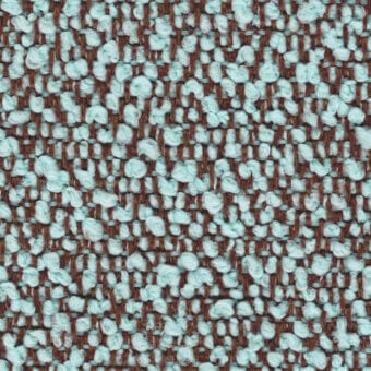 Woven textile sample, brown and light blue yarns, dense irregular pattern with nubby loops, vertical linear structure, speckled texture.